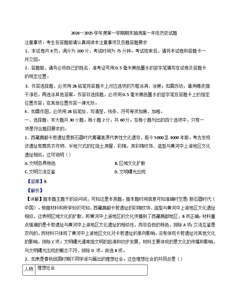 江苏省徐州市2024-2025学年高一上学期期末考试历史试题(解析版)第1页