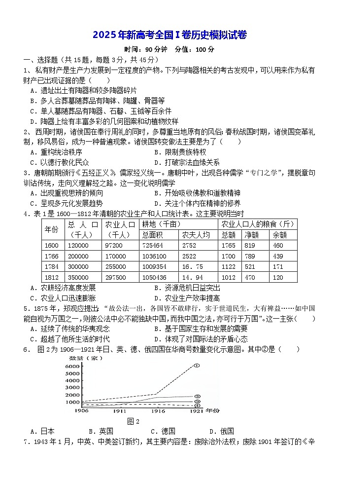 2025年新高考全国Ⅰ卷历史模拟试卷(含答案解析)第1页