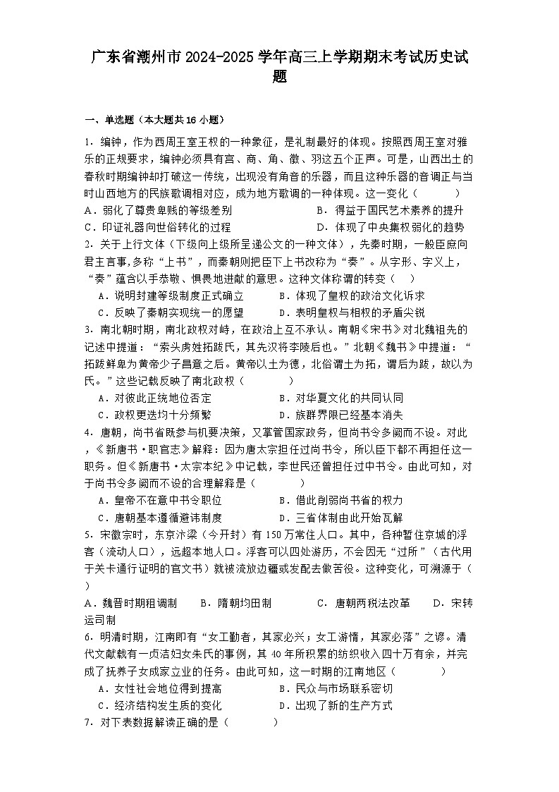 广东省潮州市2024-2025学年高三上学期期末考试历史试题第1页