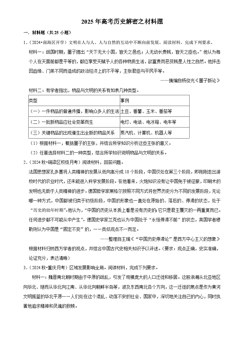 2025年高考历史解密之题型篇 材料题练习(Word版附解析)第1页
