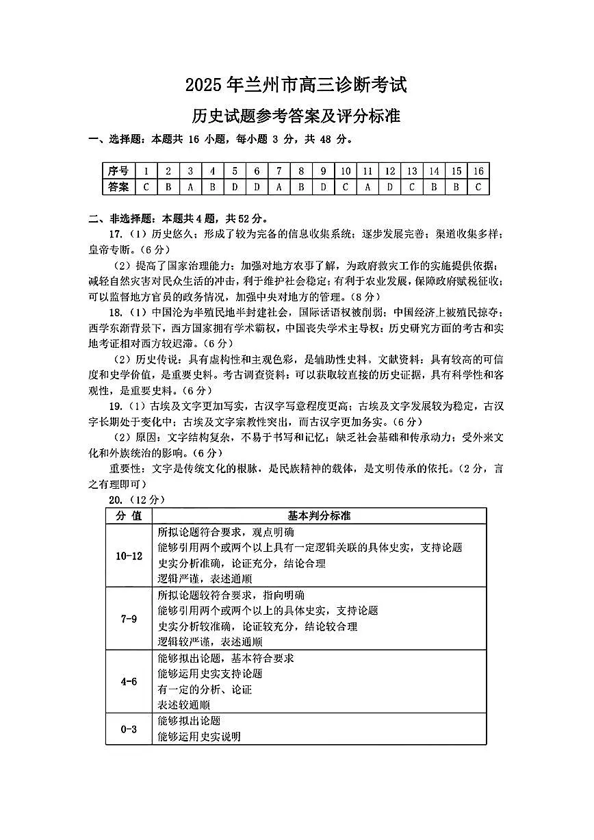 甘肃省兰州市2025届高三下学期诊断考试(一模)历史答案第1页
