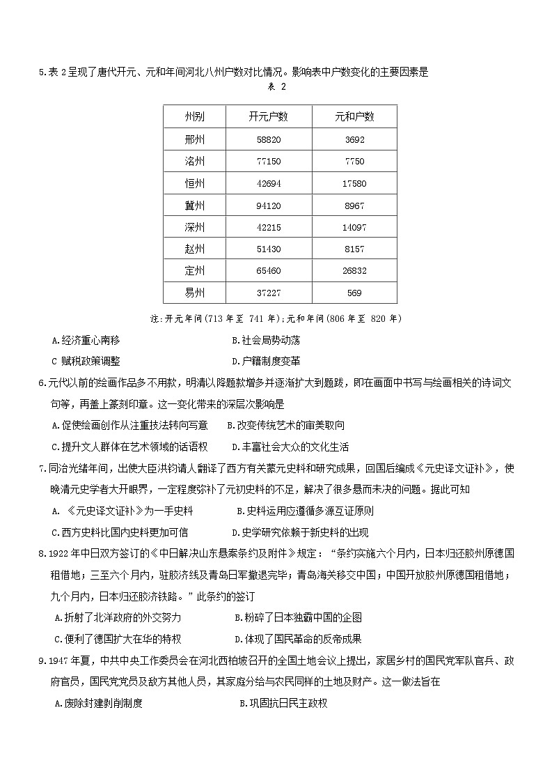2025届河北省唐山市高三下学期学业水平选择性考试第一次模拟演练历史试题第2页