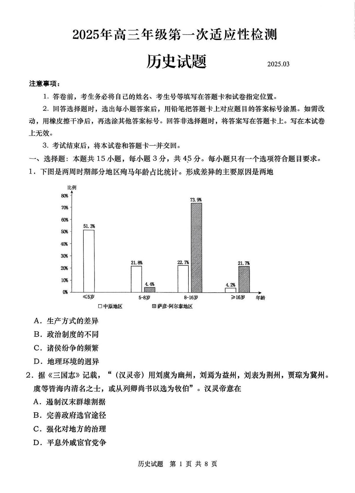 2025届山东省青岛市一模 高三第一次适应性检测 历史试题及答案第1页