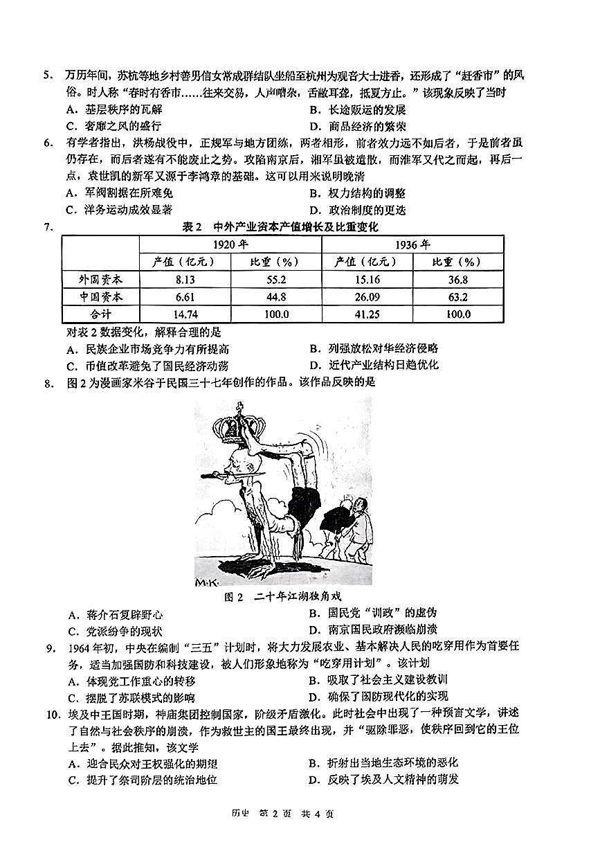 2024届安徽省马鞍山市高三下学期二模试卷-历史(含答案)第2页