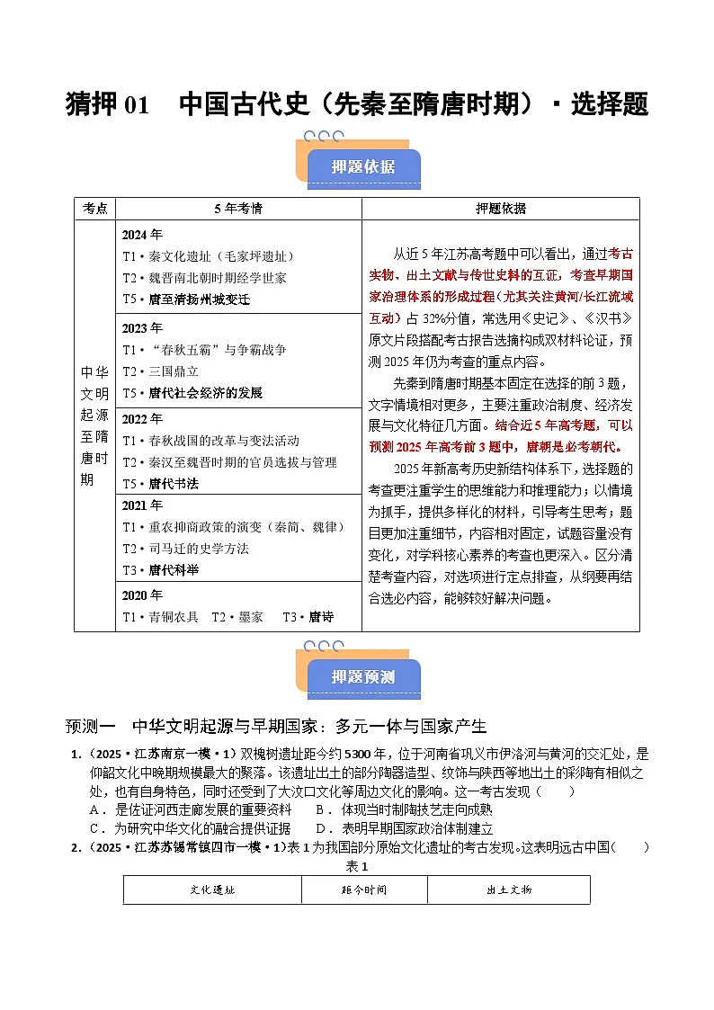 猜押01 中国古代史(先秦至隋唐时期) 选择题-2025年高考历史冲刺抢押秘籍专题讲练(江苏专用)(原卷版)第1页