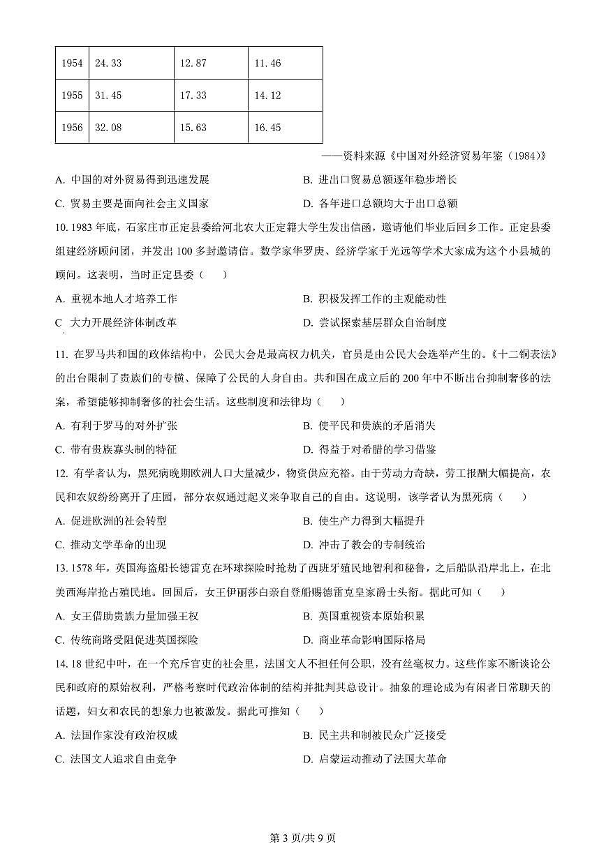 2024届河北省高三下学期适应性测试(二模)-历史试卷(含答案)第3页