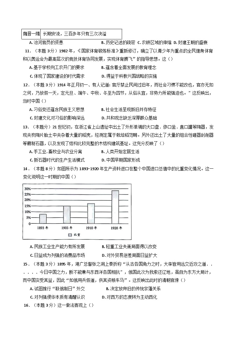 2025届湖南省长沙市一中城南中学高三下学期一模历史试题(含答案)第3页