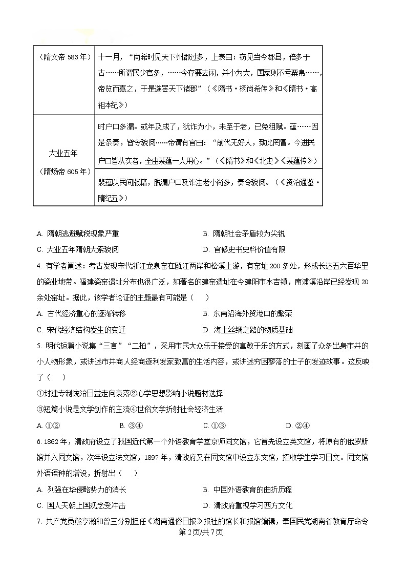 黑龙江省龙东十校2023-2024学年高三下学期4月联考历史试题(原卷版)第2页