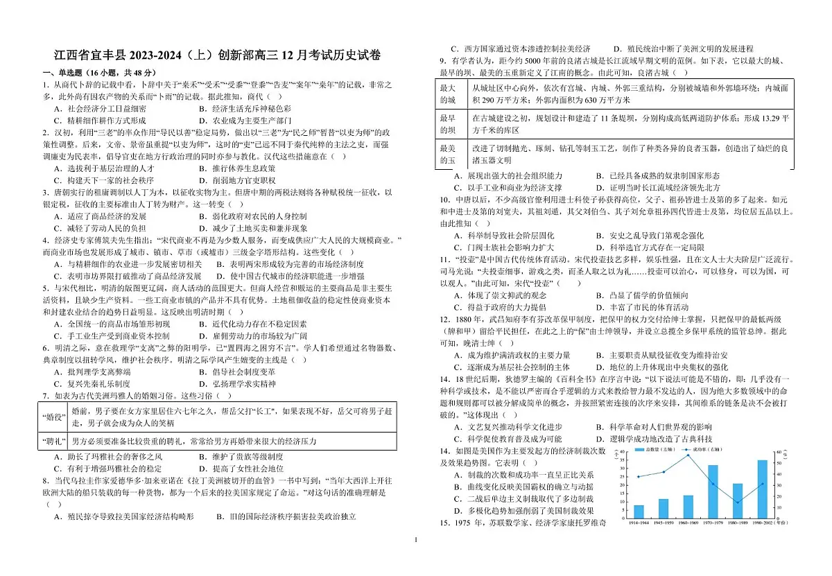 2024届江西省宜春市宜丰中学高三上学期12月月考-历史试题(含答案)第1页