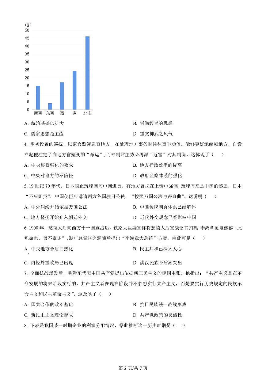 2024屆山東省濟(jì)南市高三上學(xué)期開(kāi)學(xué)摸底考-歷史試題（含答案）第2頁(yè)