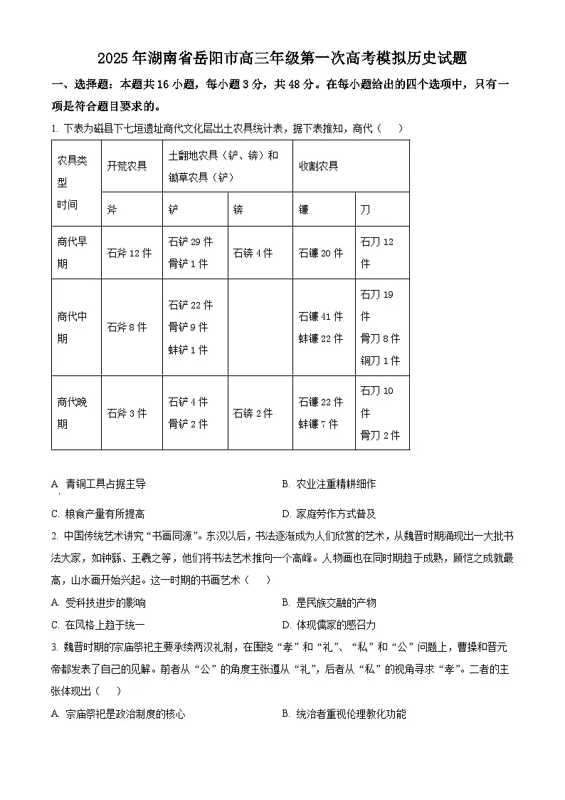 2025届湖南省岳阳市高三下学期第一次高考模拟历史试题(原卷版+解析版)第1页