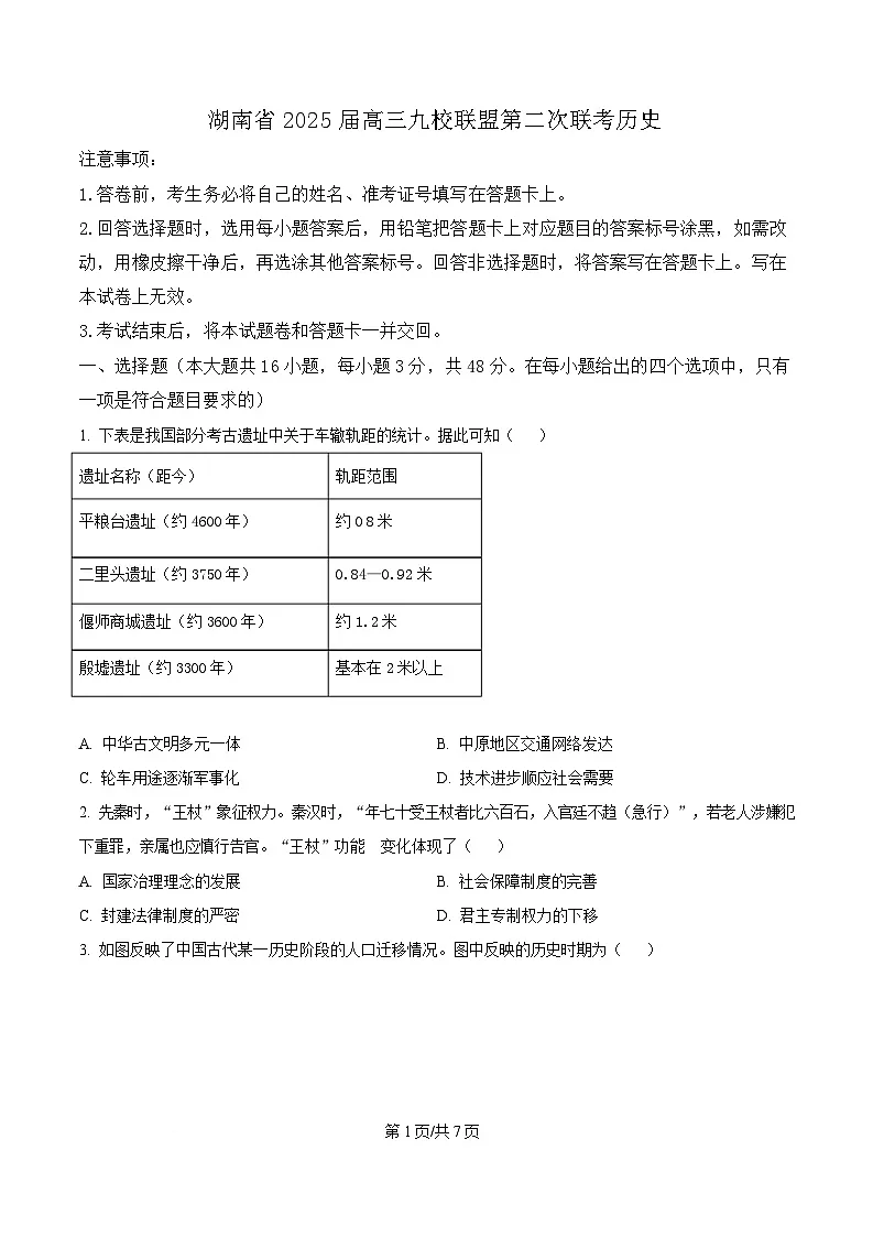 湖南省九校联盟2025届高三下学期第二次联考历史试题(原卷版)第1页