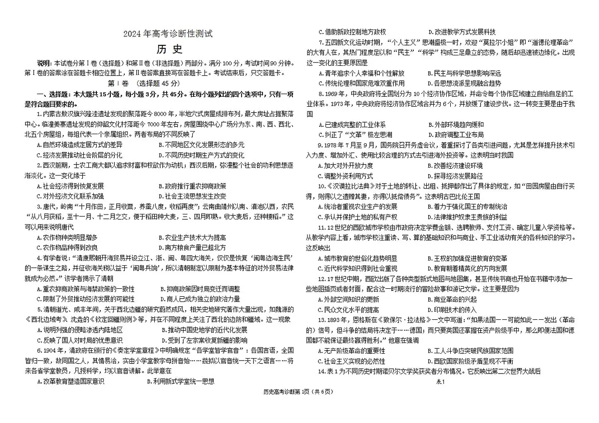2024届山东省烟台、德州、东营高三一模考试(3月)-历史试卷(含答案)第1页