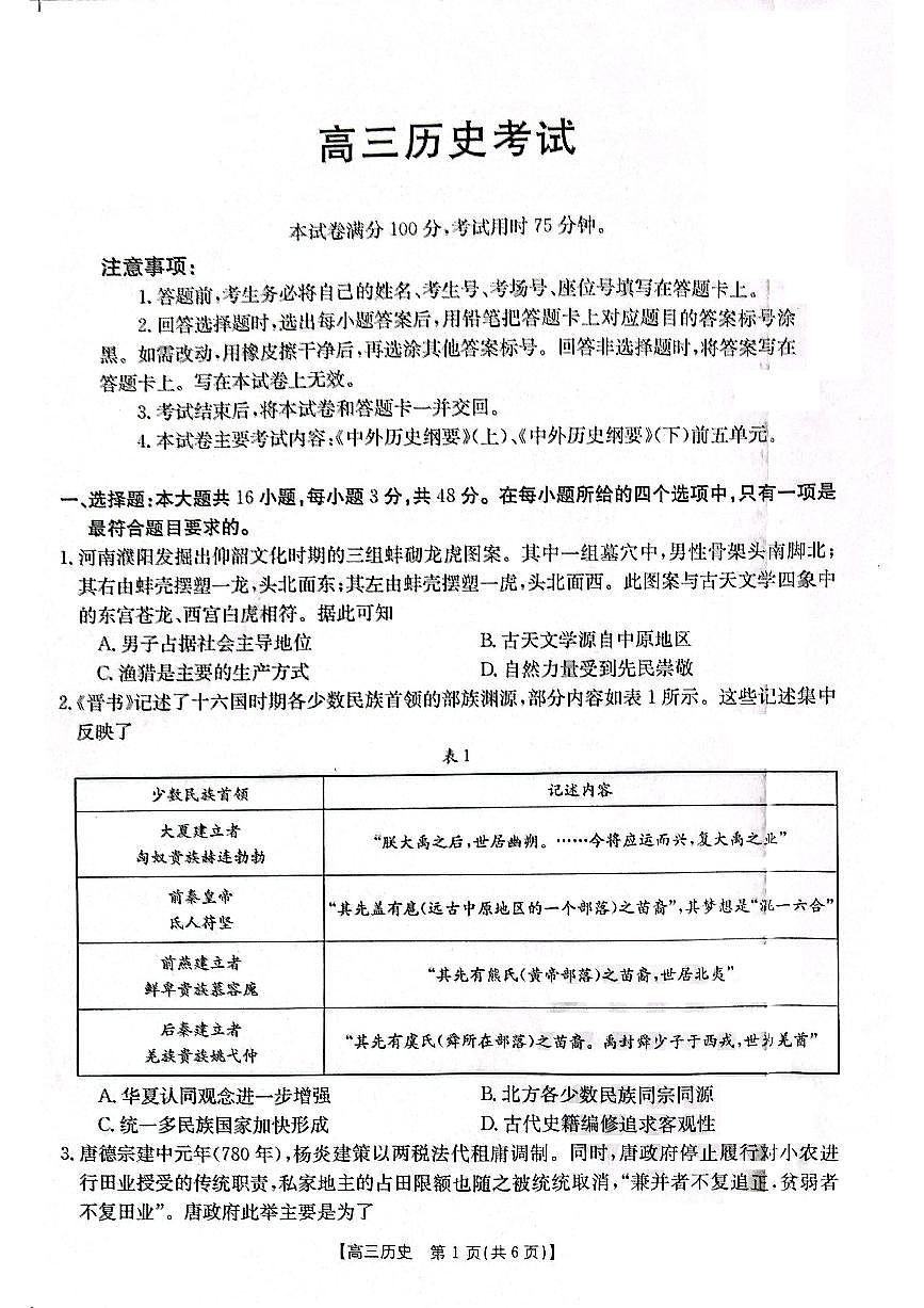2024屆遼寧省高三聯(lián)考（11月）-歷史試題（含答案）第1頁