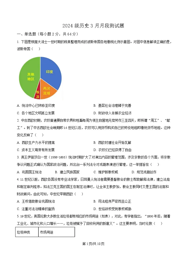 山东省寿光市第一中学2024-2025学年高一下学期3月月考历史试题(原卷版)第1页