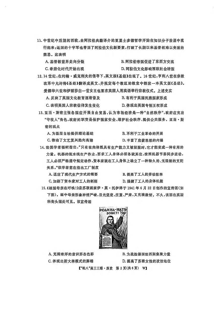历史丨皖南八校联考安徽省2025届高三下学期4月第三次大联考历史试卷及答案第3页