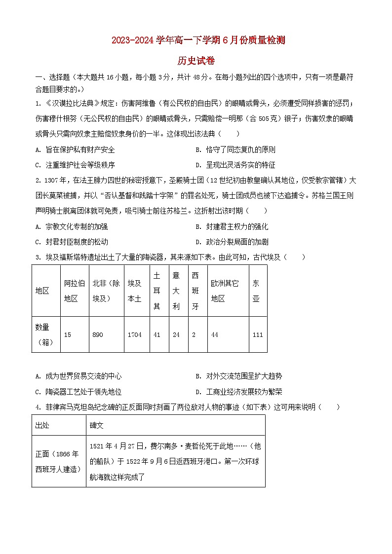 河南省2023_2024学年高一历史下学期6月质量检测试题含解析第1页