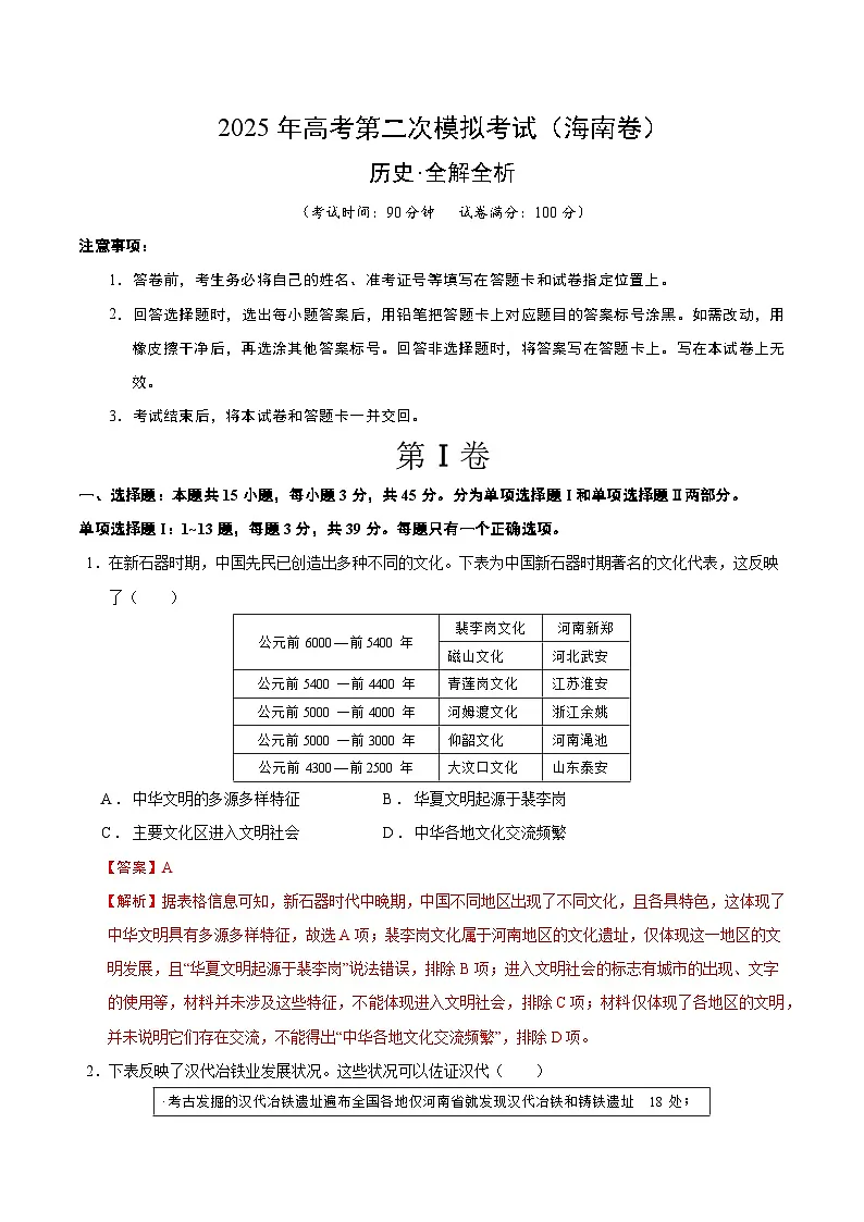 2025年高考第二次模拟考试卷:历史(海南卷)(解析版)第1页