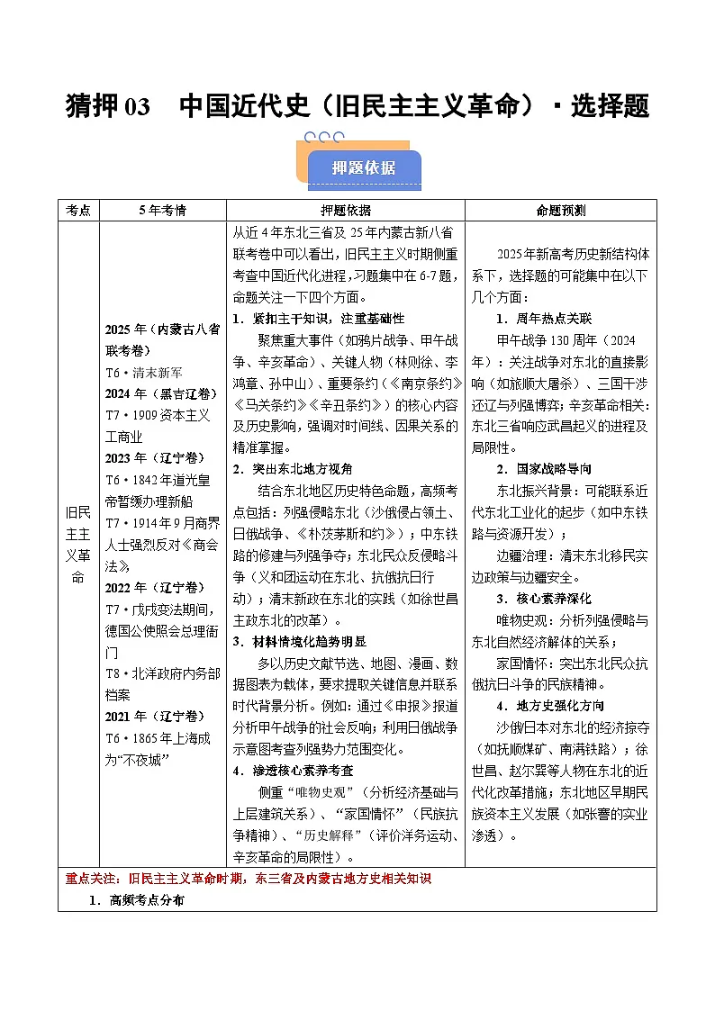 备战2025年高考历史抢押秘籍(黑吉辽蒙专用)猜押03中国近代史(18401919旧民主主义革命)·选择题(学生版)第1页