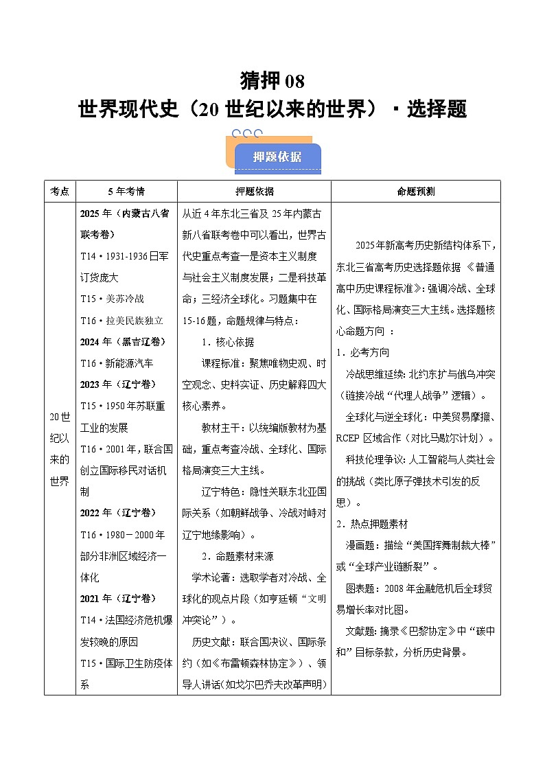 备战2025年高考历史抢押秘籍(黑吉辽蒙专用)猜押08世界现代史(20世纪以来的世界)·选择题(学生版)第1页