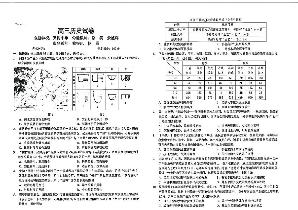 湖北省鄂东南省级示范联盟学校2024年高三5月第一次联考(一模)历史试题第1页