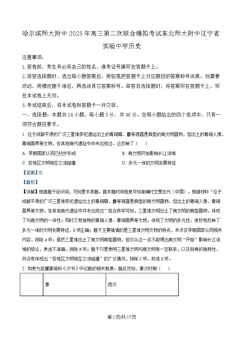 2025届东北三省三校(哈尔滨师大附中、东北师大附中、辽宁省实验中学)高三下学期第二次联合模拟考试历史试题 Word版含解析第1页