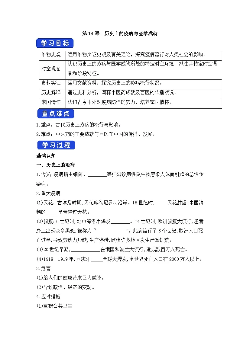 人教统编版高中历史选修2 6-14《历史上的疫病与医学成就》导学案第1页