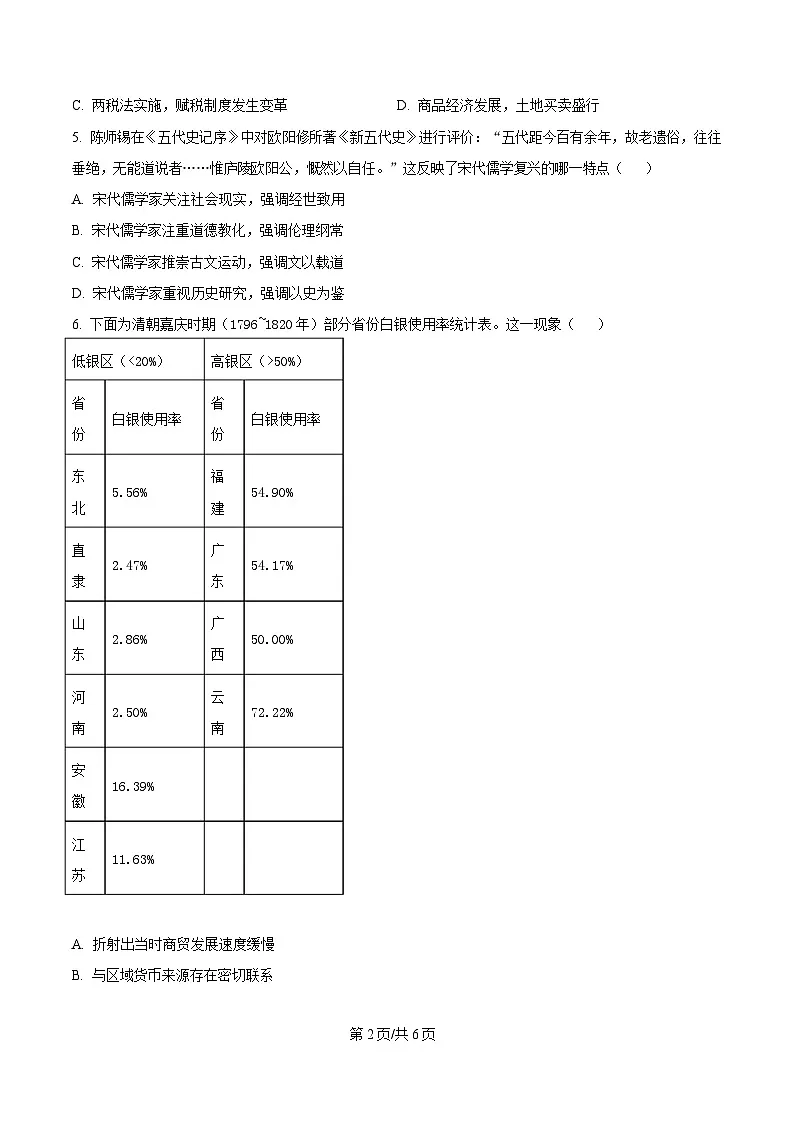 湖南省A佳2024-2025学年高二下学期期中考试历史试题(原卷版)第2页