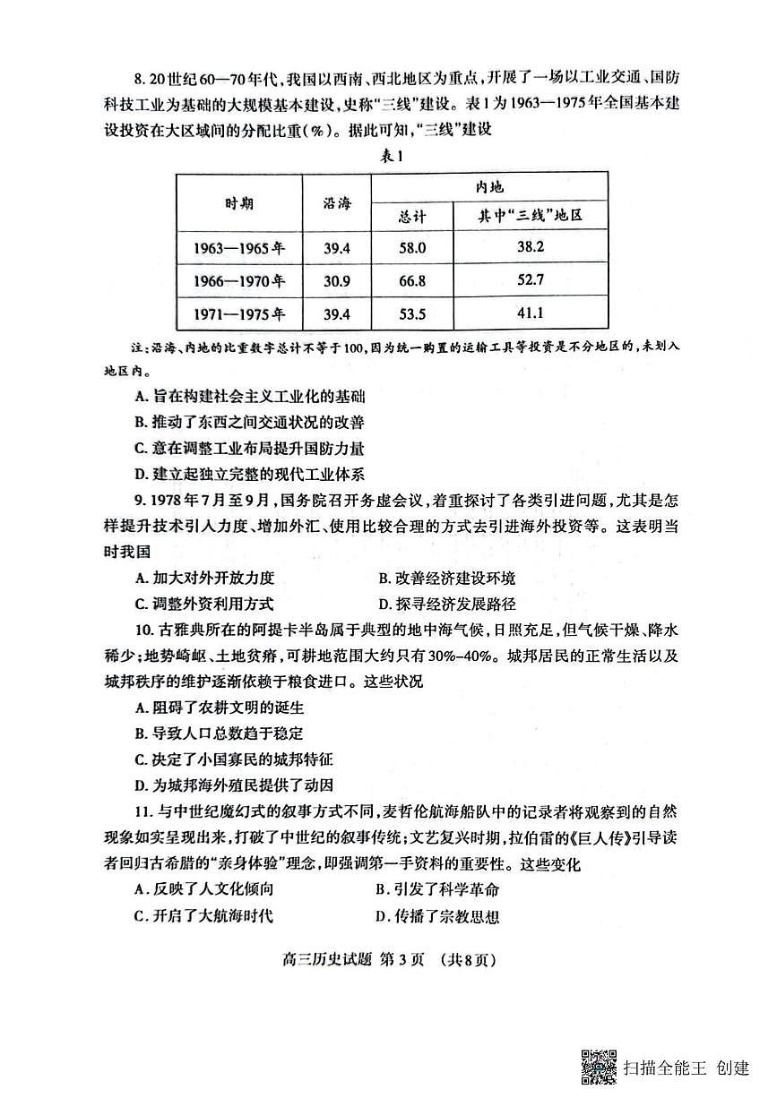 2025届山东省泰安市高三下学期四模检测历史试题(PDF版,含答案)第3页