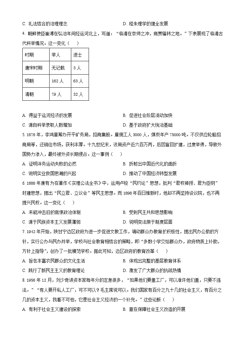 山东省部分学校2024-2025学年高三下学期4月份模拟考试历史试题(原卷版+解析版)第2页