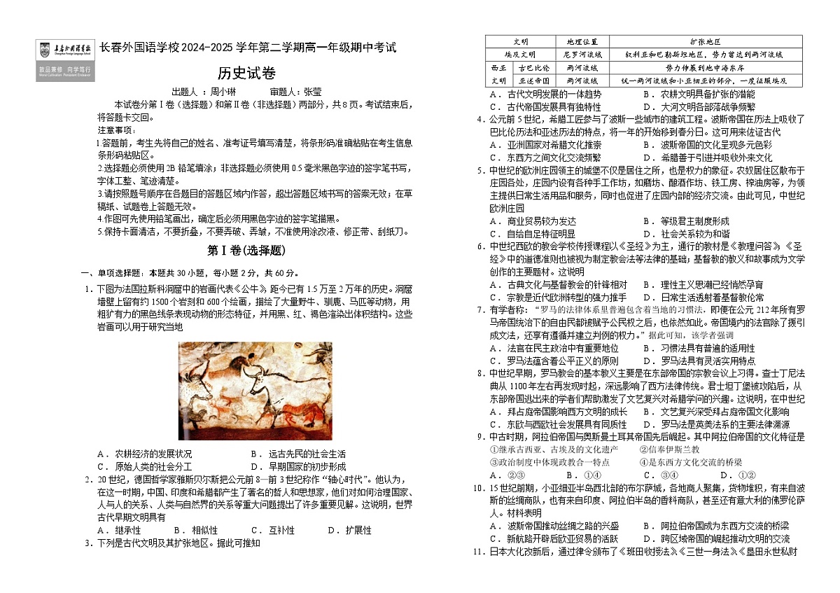 吉林省长春外国语学校2024-2025学年高一下学期期中考试历史试卷(Word版附答案)第1页