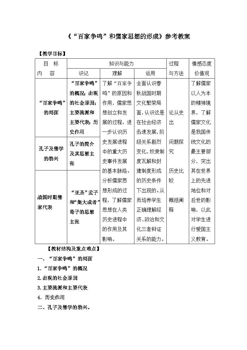 人教版 (新课标)高中历史必修3 1-1《“百家争鸣”和儒家思想的形成》教案第1页