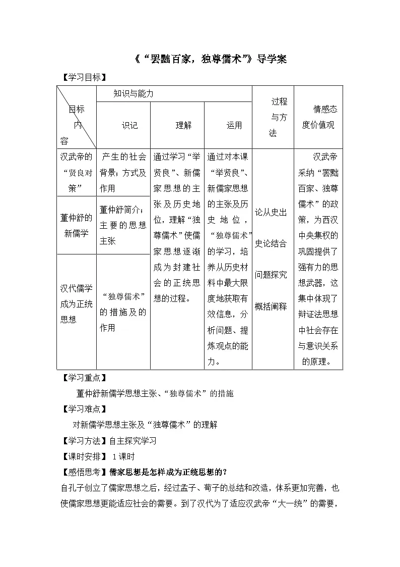 人教版 (新课标)高中历史必修3 1-2《“罢黜百家,独尊儒术”》导学案第1页
