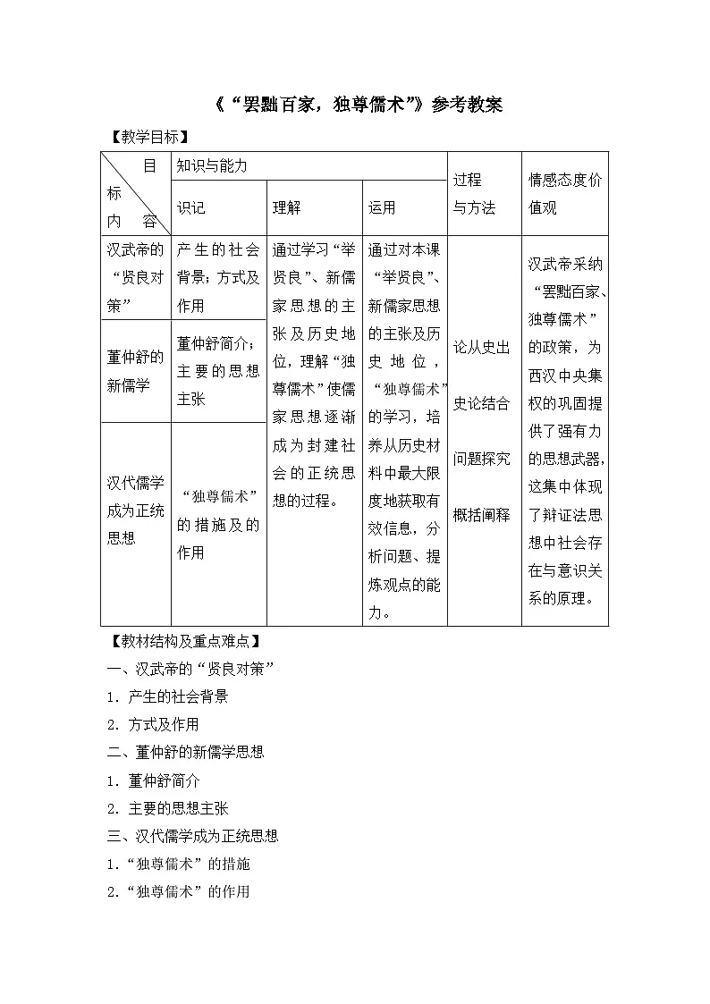 人教版 (新课标)高中历史必修3 1-2《“罢黜百家,独尊儒术”》教案第1页