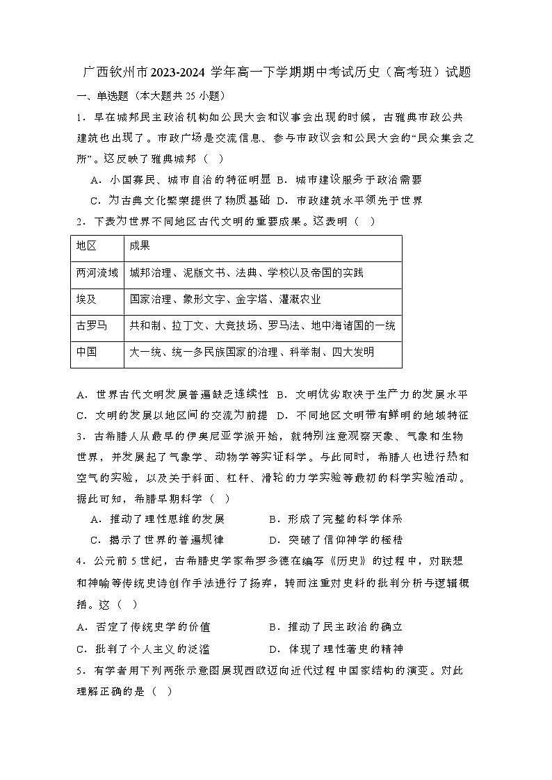 2023_2024学年广西钦州高一第二学期期中考试历史(高考班)试题(有答案)第1页
