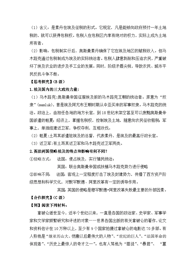 人教版 (新课标)高中历史选修1 6-1《18世纪末19世纪初的埃及》导学案第2页