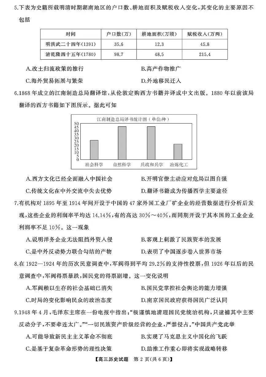 2025届湖南高三下学期高考模拟天壹冲刺压轴大联考历史试题(含答案)第2页