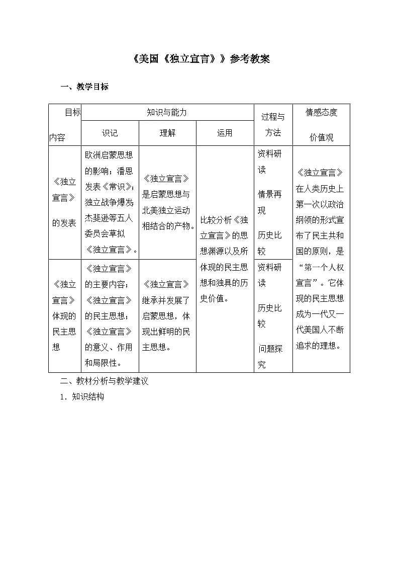人教版 (新课标)高中历史选修2 3-1《美国《独立宣言》》教案第1页