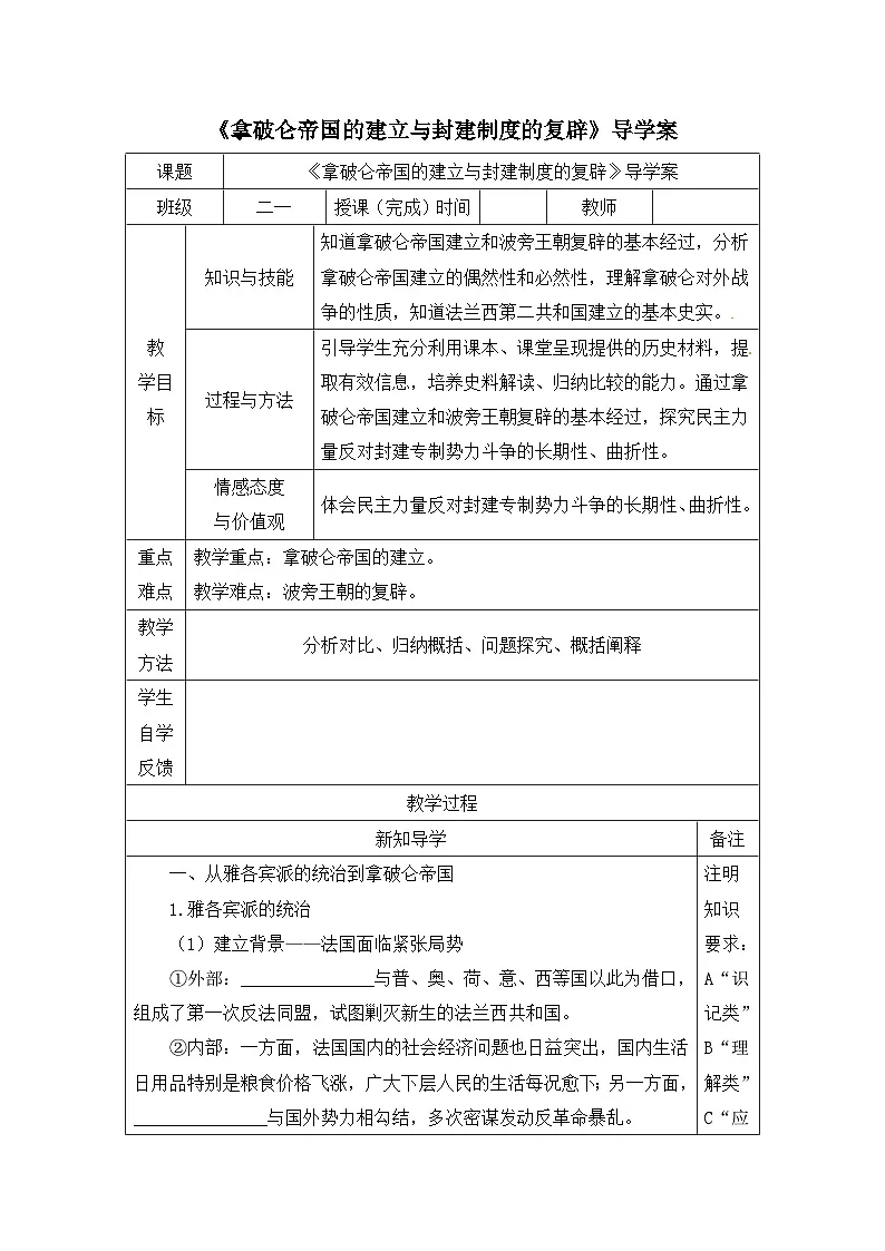 人教版 (新课标)高中历史选修2 5-2《拿破仑帝国的建立与封建制度的复辟》导学案第1页