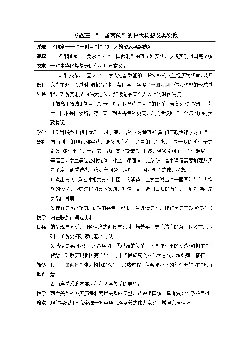 教案—人民版高中历史必修1 4-3《“一国两制”的伟大构想及其实践》第1页
