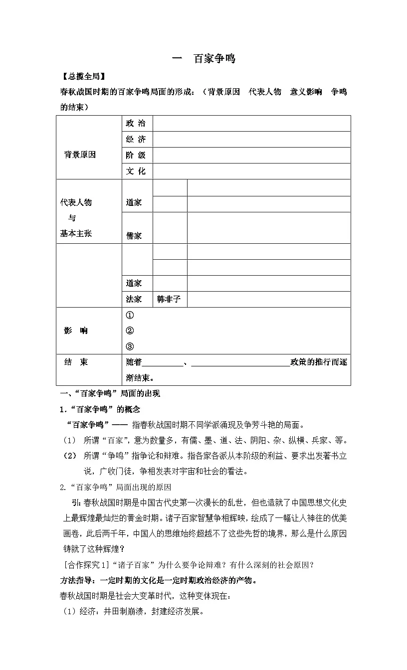 人民版高中历史必修3 1-1《百家争鸣》学案第1页