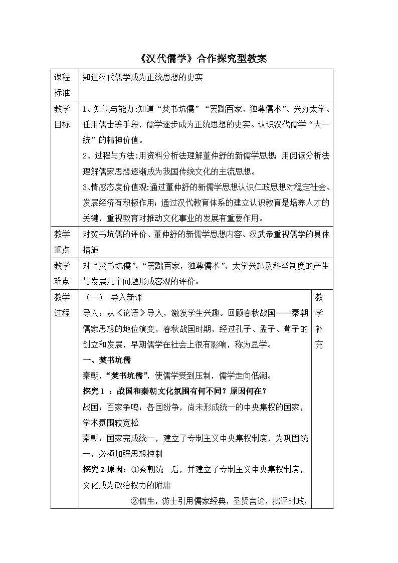 人民版高中历史必修3 1-2《汉代儒学》合作探究型教案第1页