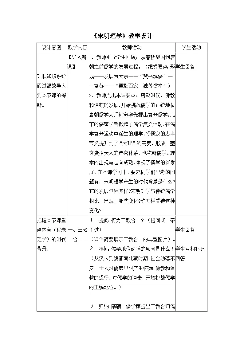 人民版高中历史必修3 1-3《宋明理学》教学设计第1页