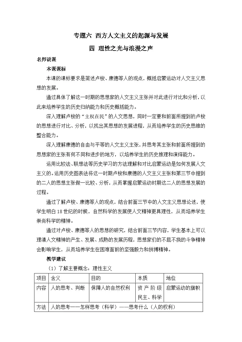 人民版高中历史必修3 6-4《理性之光与浪漫之声》教案第1页