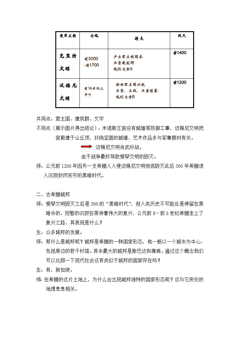 岳麓版高中历史必修1 2-5《爱琴文明与古希腊城邦制度》教案第3页