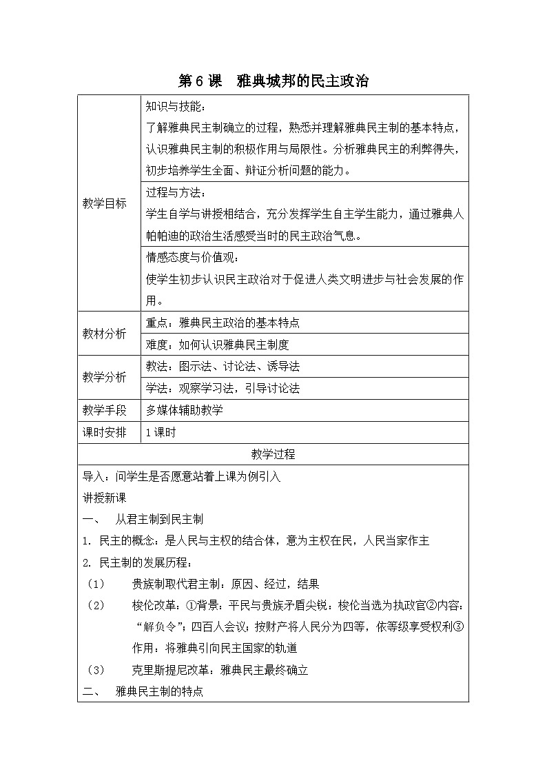 岳麓版高中历史必修1 2-6《雅典城邦的民主政治》教案第1页