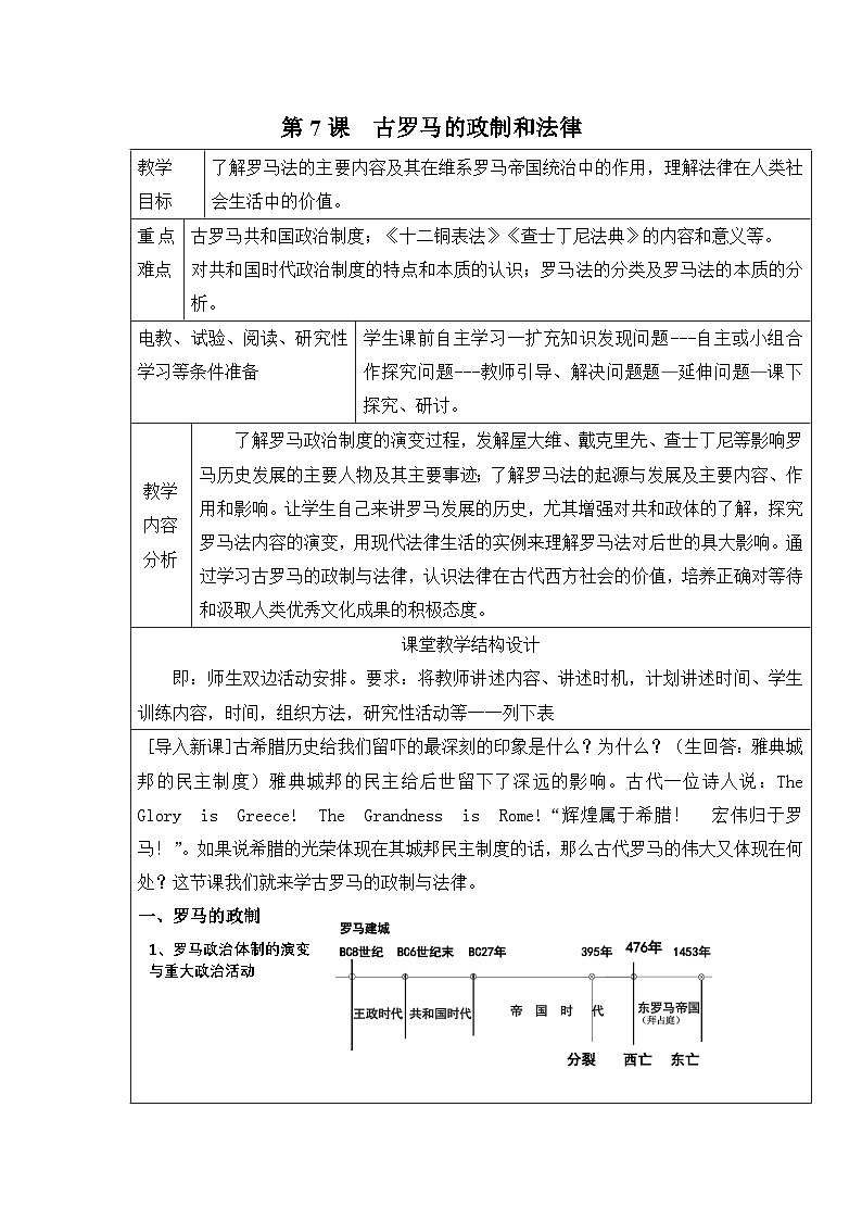 岳麓版高中历史必修1 2-7《古罗马的政制与法律》教案第1页