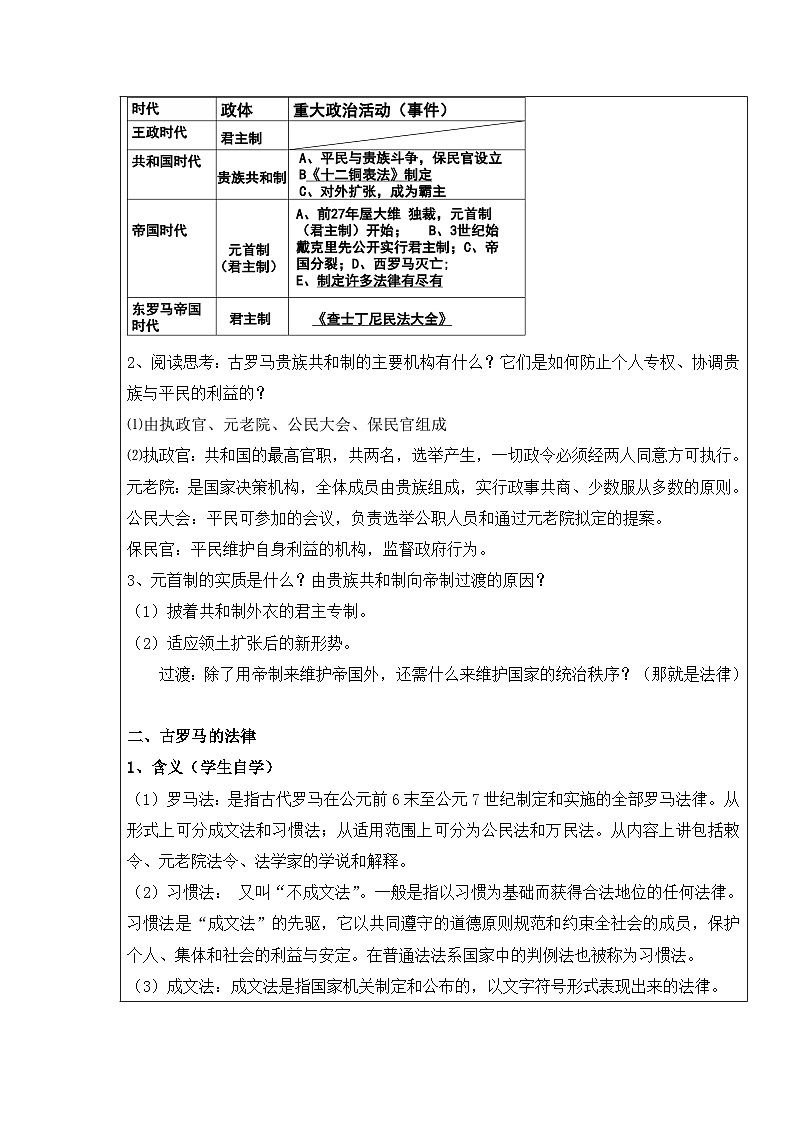 岳麓版高中历史必修1 2-7《古罗马的政制与法律》教案第2页