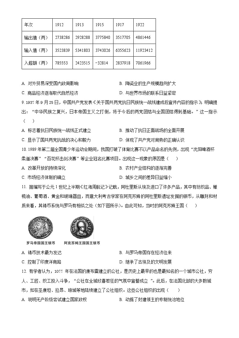 精品解析:湖南省岳阳市2023-2024学年高二下学期期末考试历史试题(原卷版)第3页