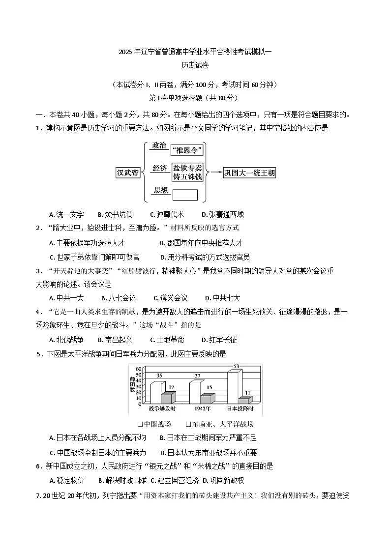2025年辽宁省普通高中学业水平合格性考试模拟(一)历史试题(含答案)第1页